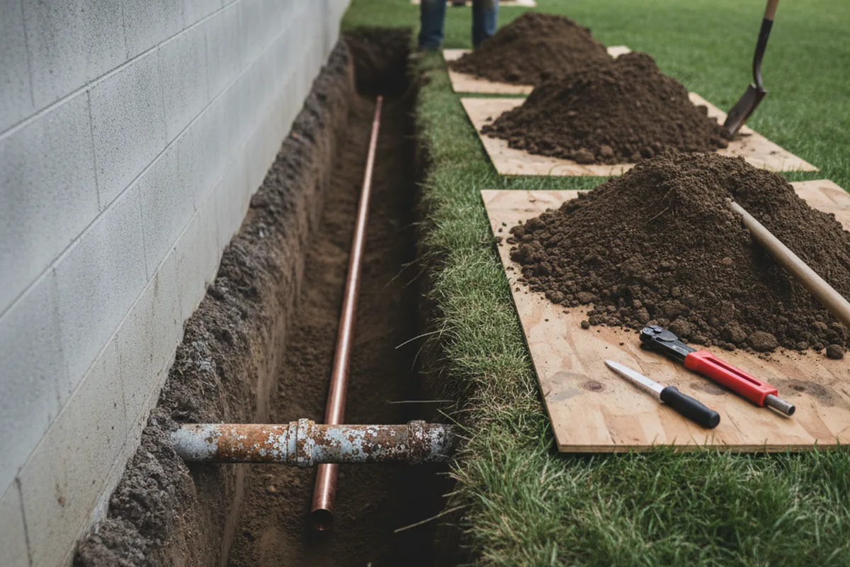 Excavated water line trench during Water Softener Installation in Collegedale
